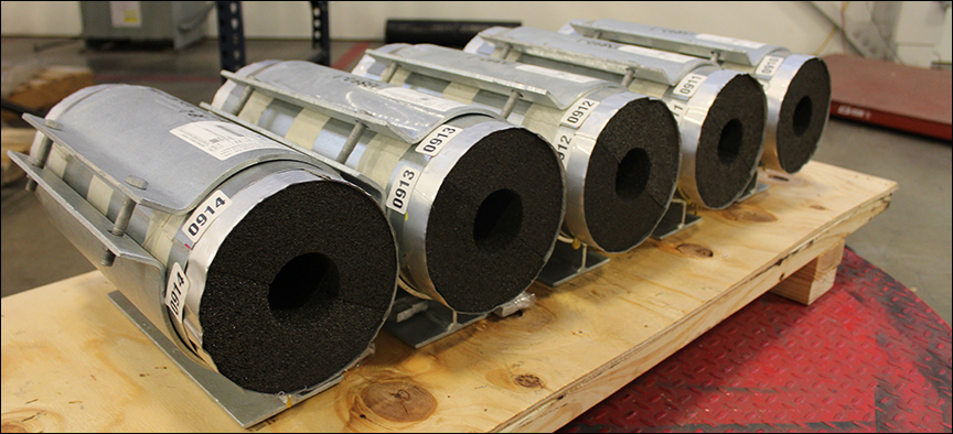 Foamglas pipe supports being prepared for shipping